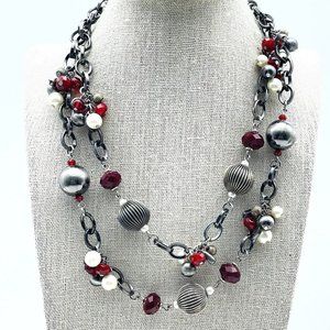 Premier Designs Signed Double Strand Beaded Necklace Red Silver Tone Beads